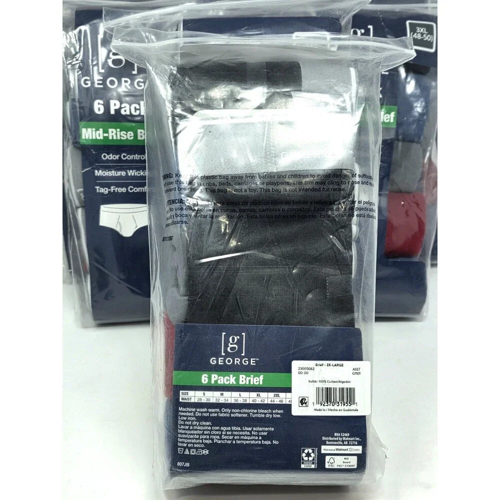 George Men's 6-pack Cotton Briefs Black Blue Gray Red Size 3XL Tagless Wicking